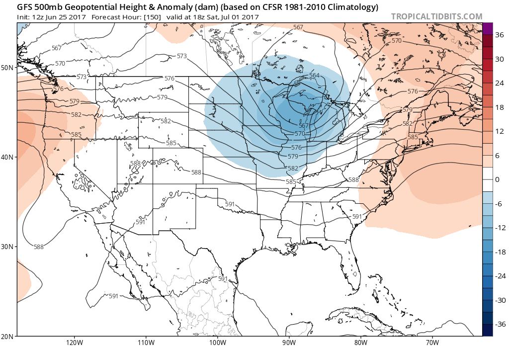 12Z GFS 500 mb geopotential heights and anomalies|Source: Tropical Tidbits