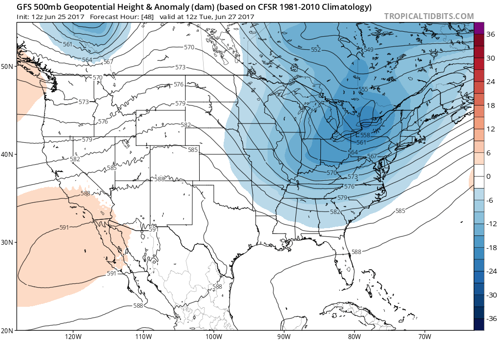 12Z GFS 500 mb geopotential heights and anomalies|Source: Tropical Tidbits