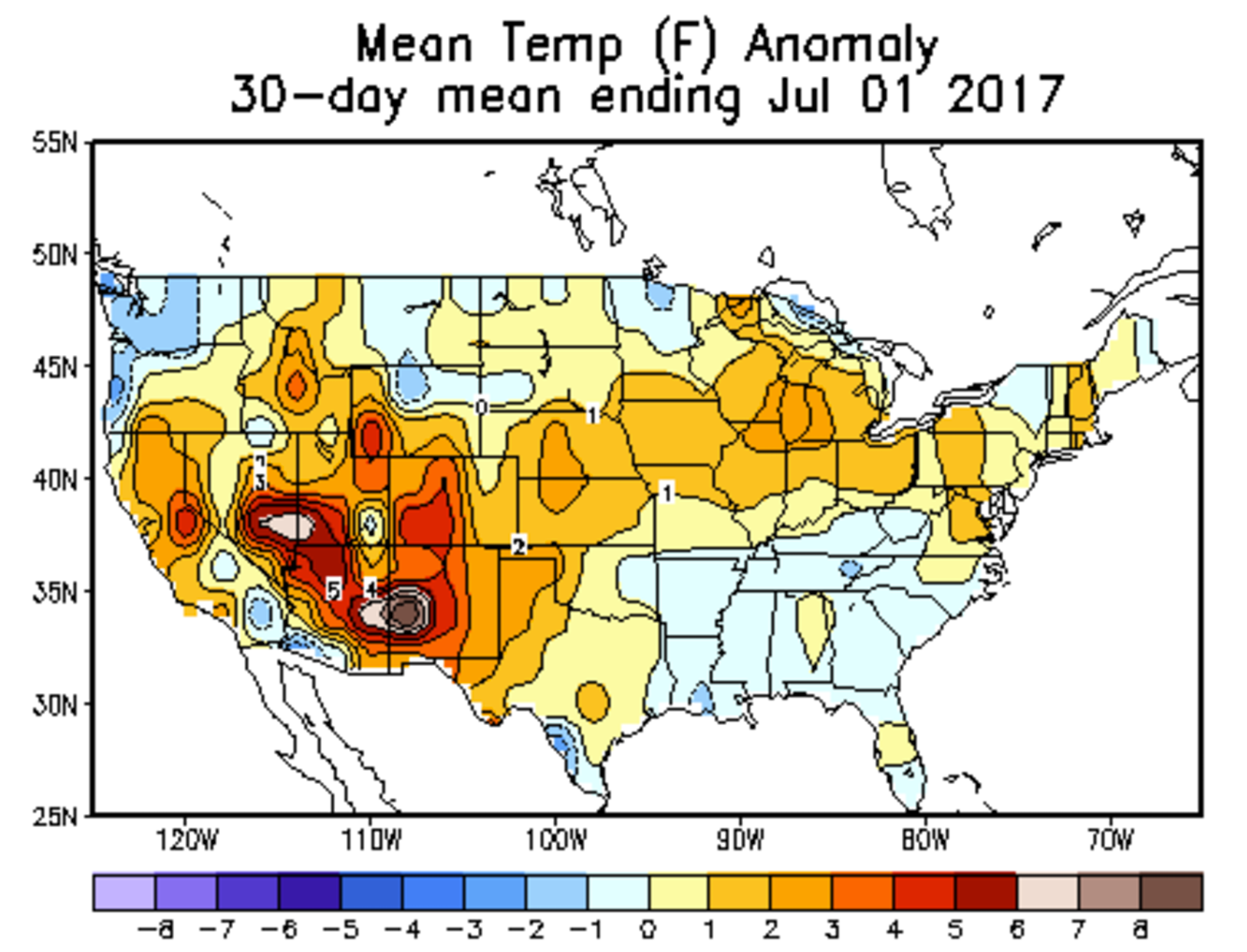 Temperature anomalies for June across the United States. Very hot across the Southwest!