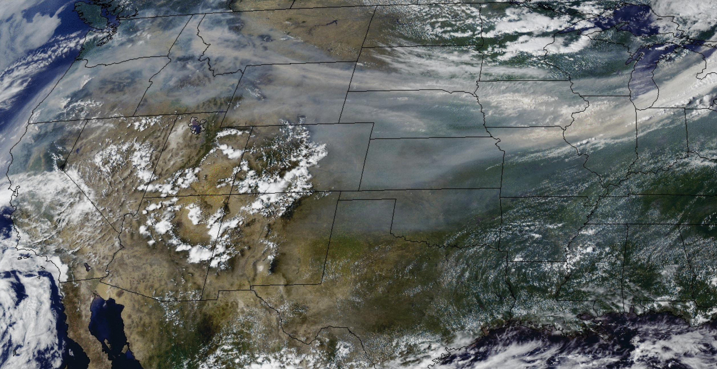 GOES-16 imagery showing smoke spreading across the U.S.