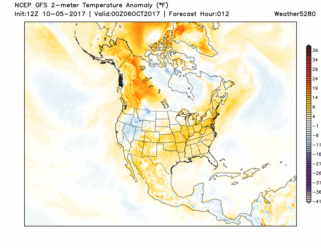 GFS temperature anomaly forecast for the next several days shows warmer than average (gold/reds) replaced by much colder air (blues/purples) by early next week | Weather5280 Models