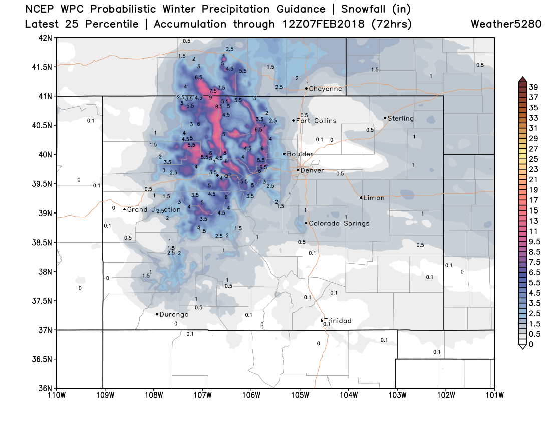 Most likely snowfall totals Monday/Tuesday