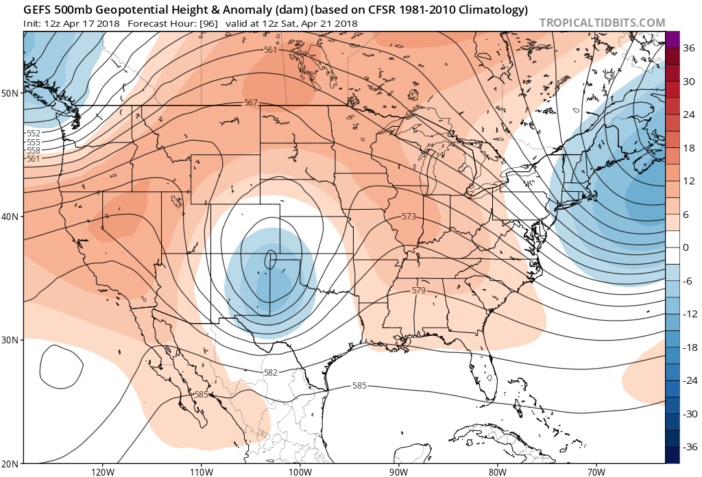 GEFS showing a broad parked over the Oklahoma panhandle early Saturday morning