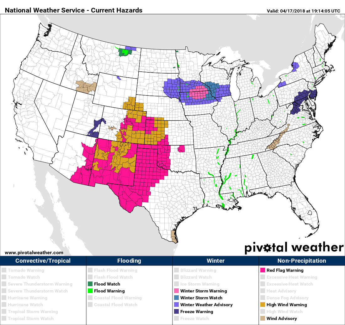 Active NWS hazard map shows strong winds making for high fire danger across Colorado, New Mexico, and western Texas and Kansas this afternoon