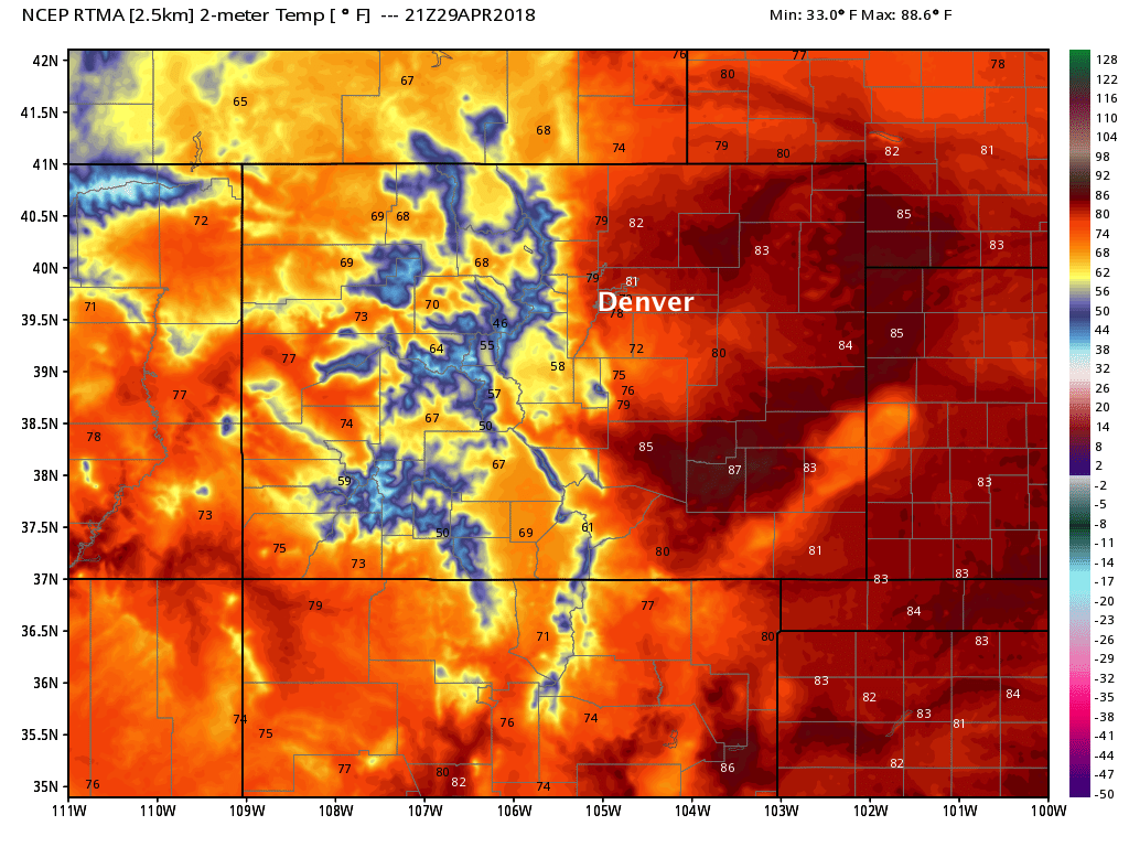 A look at the very warm temperatures across Colorado this afternoon with some upper 80s showing up across the eastern plains