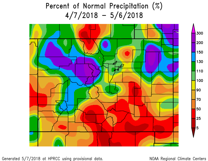 Precipitation the last 30 days as a percentage of average