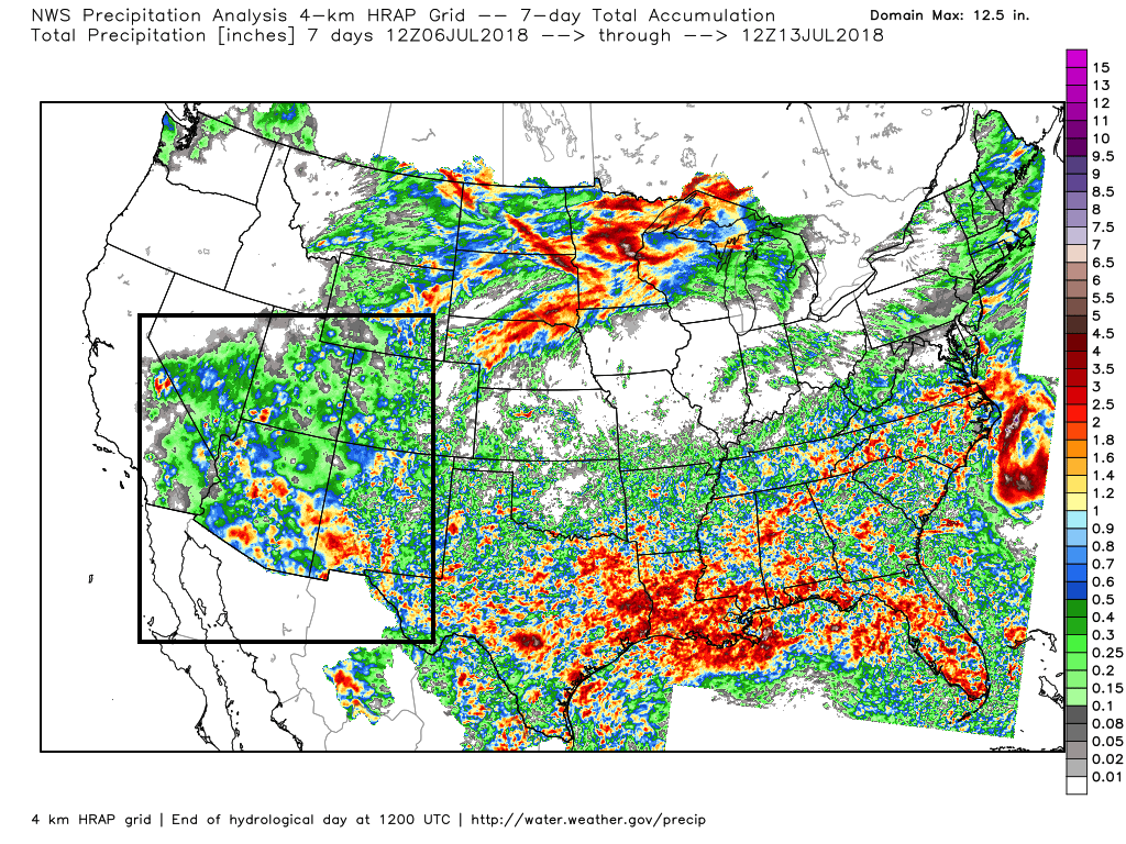 Seven day rainfall totals ending July 12, 2018