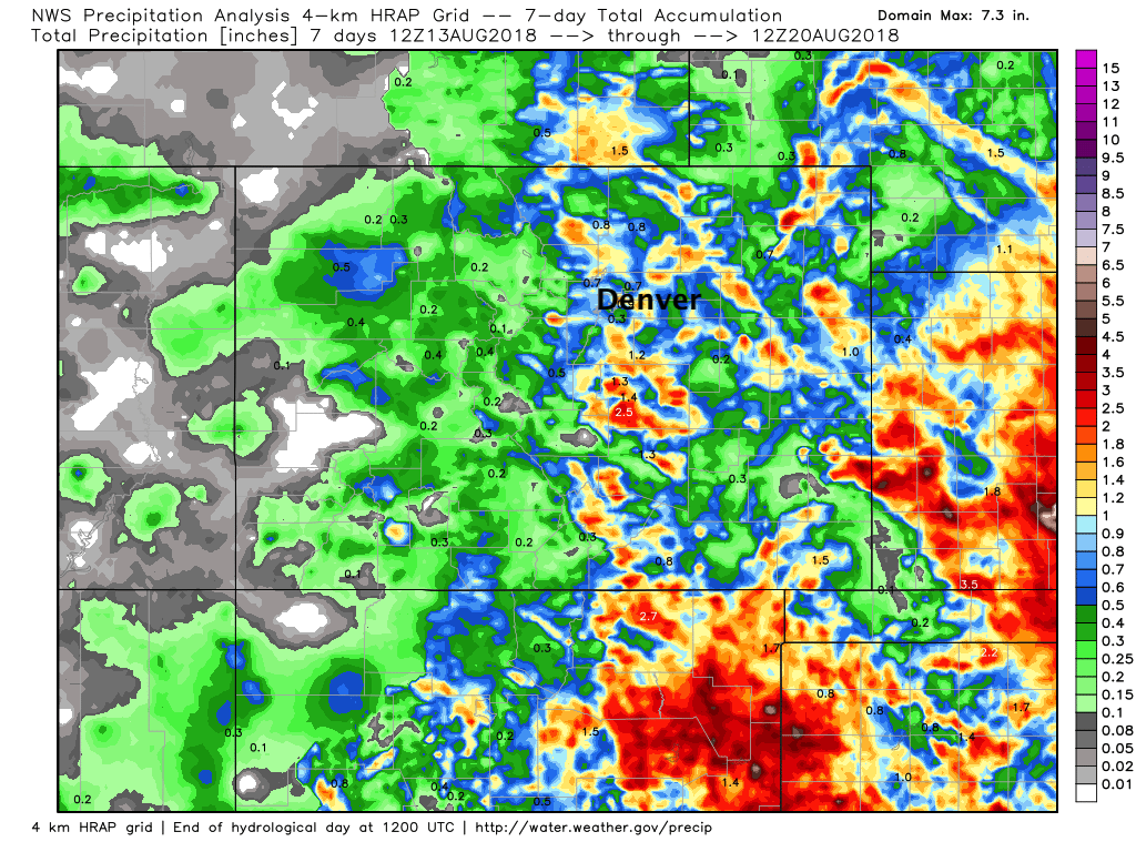Seven day rainfall totals across Colorado