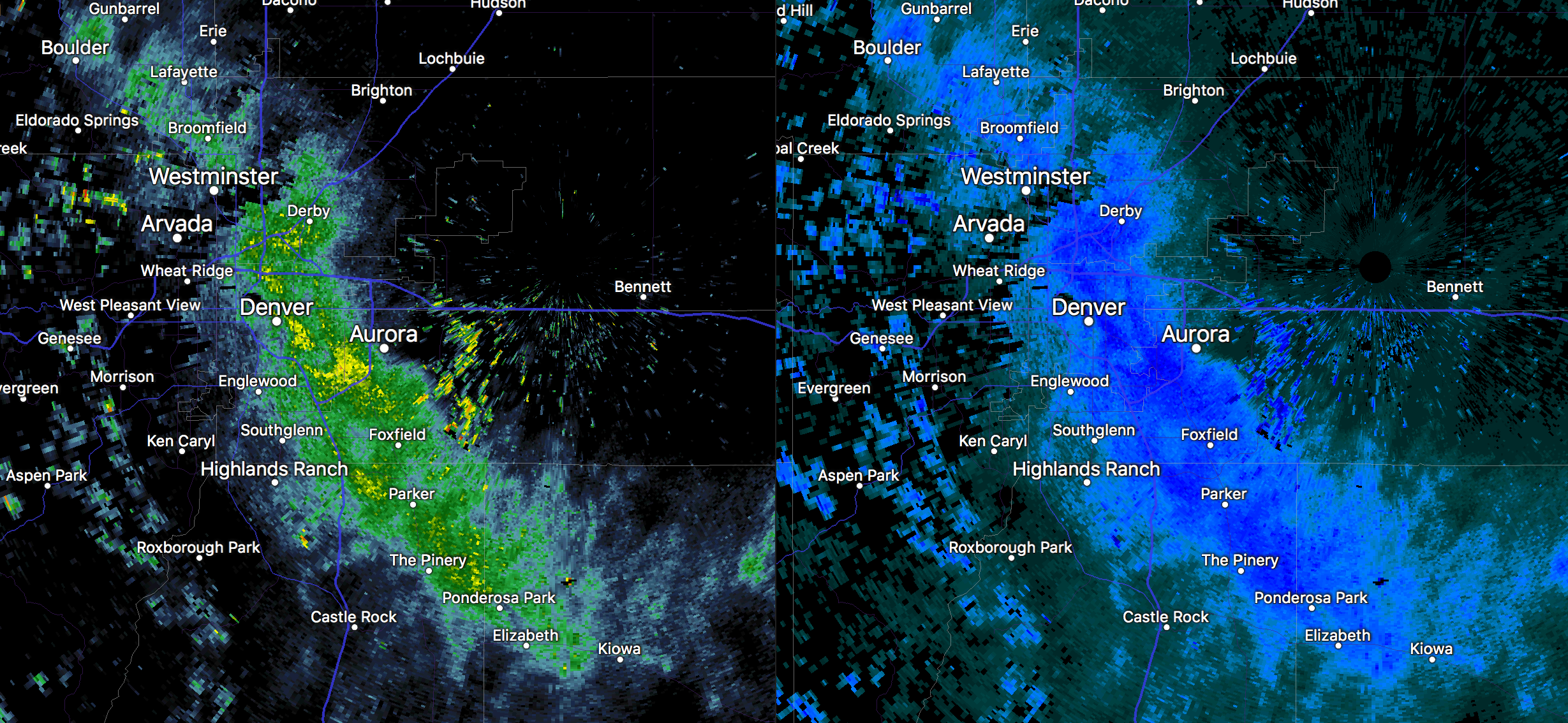 Radar image at 7:35am Monday morning showing moderate to heavy snowfall along and east of I-25 in Denver