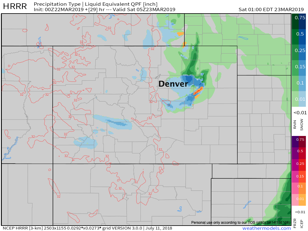 HRRR depicting rain, snow, and mixed precip across the plains Friday night