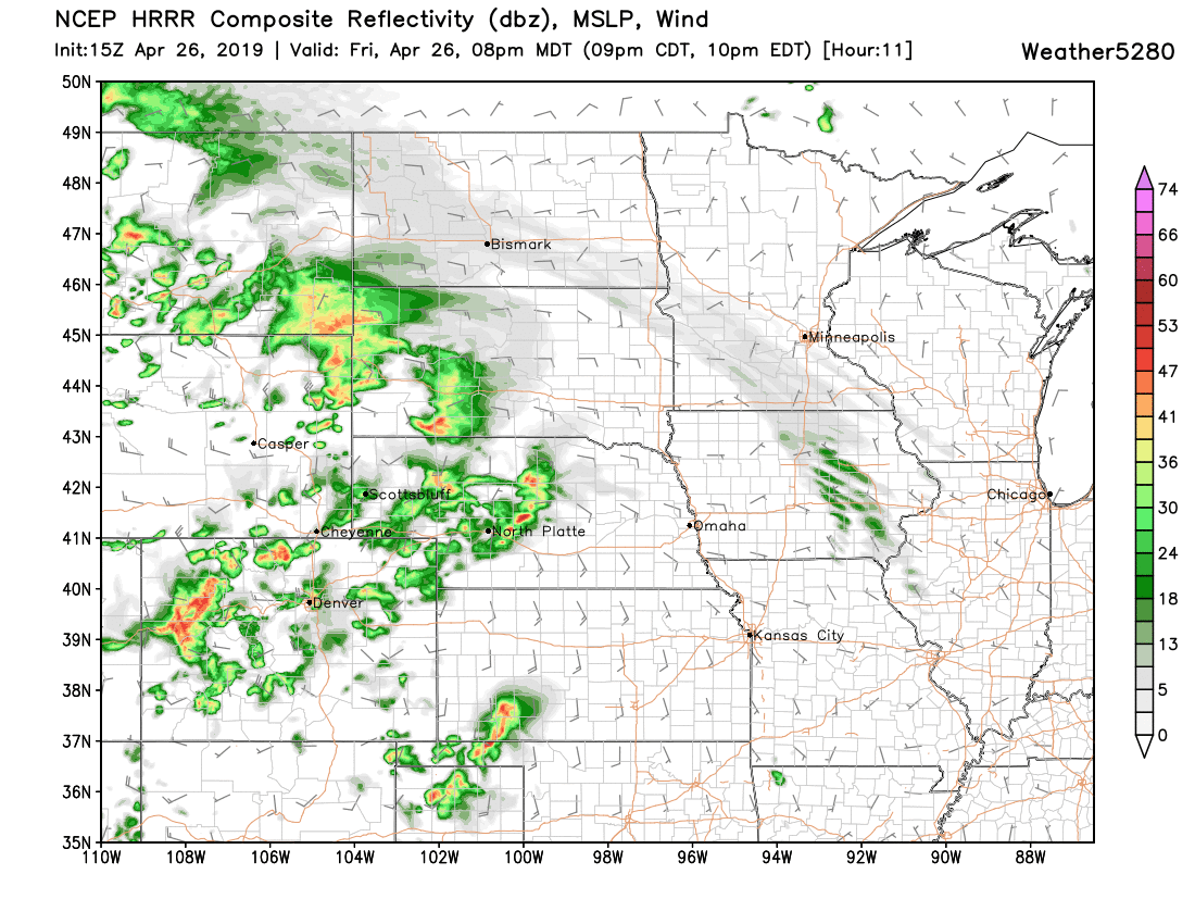 HRRR shows showers and storms across Colorado this evening