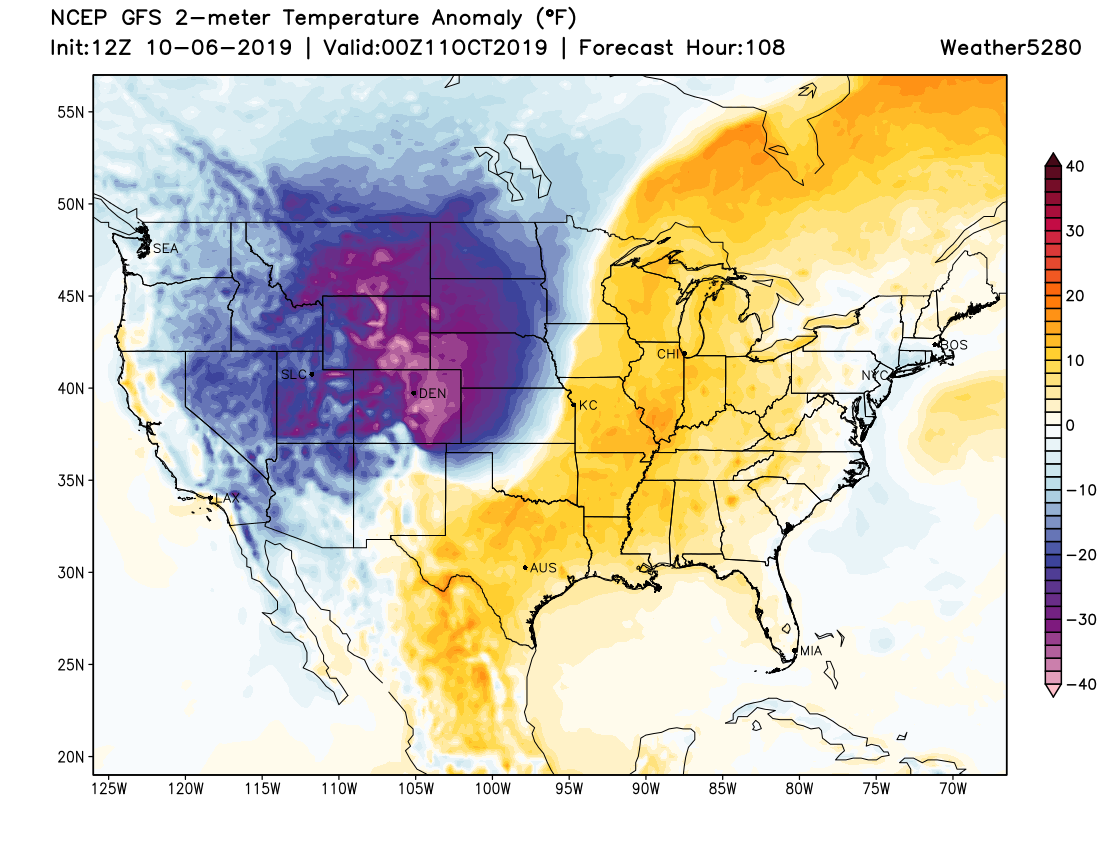 GFS temperature anomaly forecast for Thursday afternoon