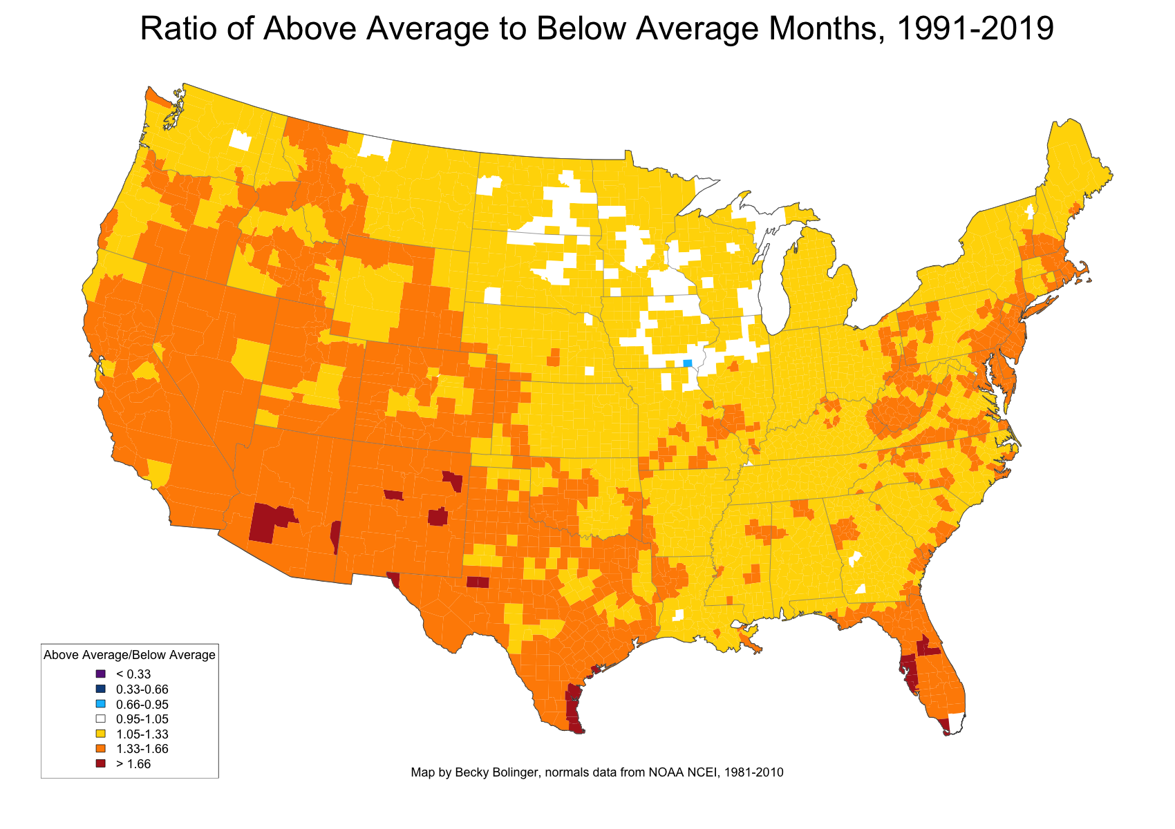 Using 1981-2010 as average, number of above average months divided by number of below average months from 1991-2019.