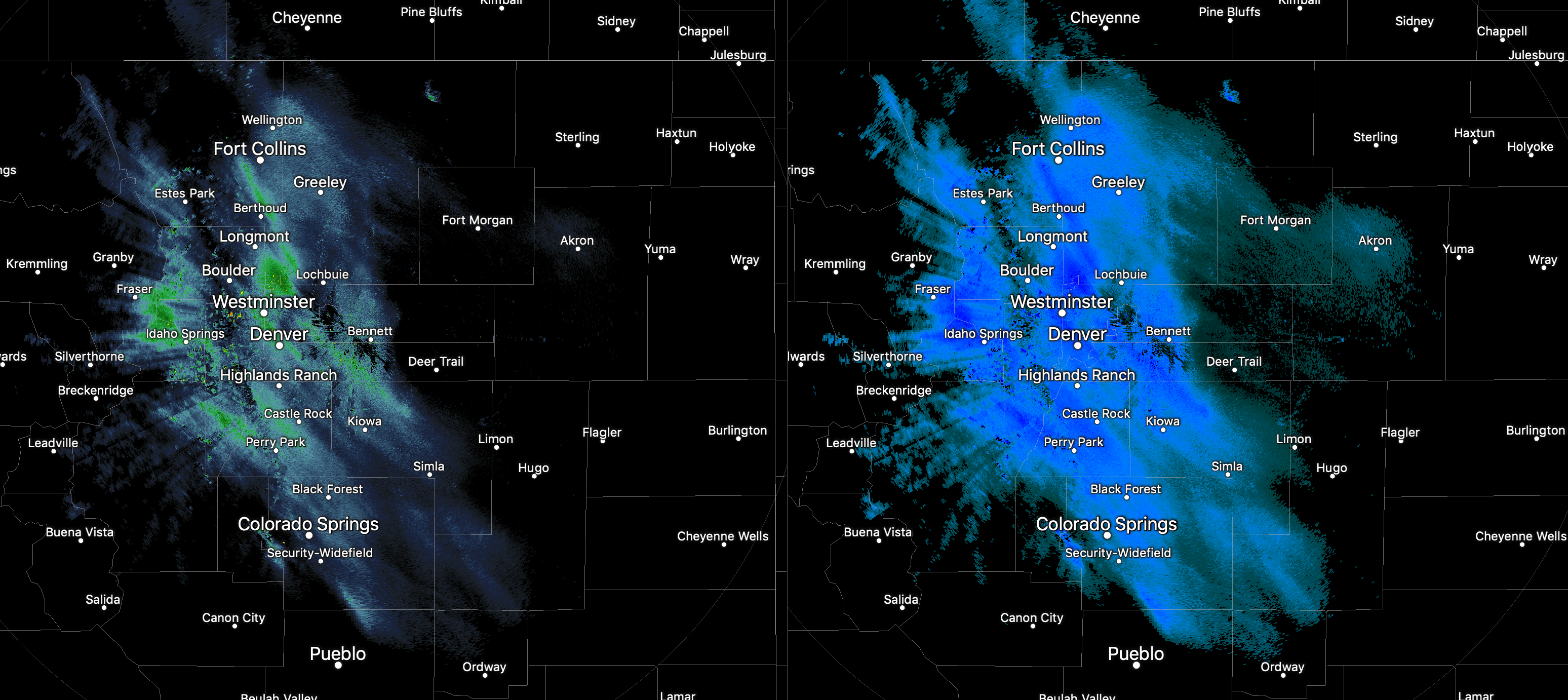 Radar as of 7 am showing snow picking up again along the Front Range
