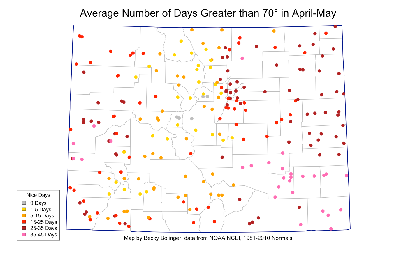 Average number of days greater than 70 degrees in Colorado during April-May