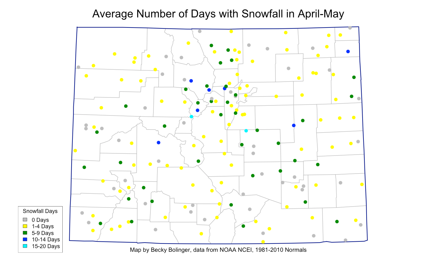 Average number of days with snowfall in Colorado during April-May