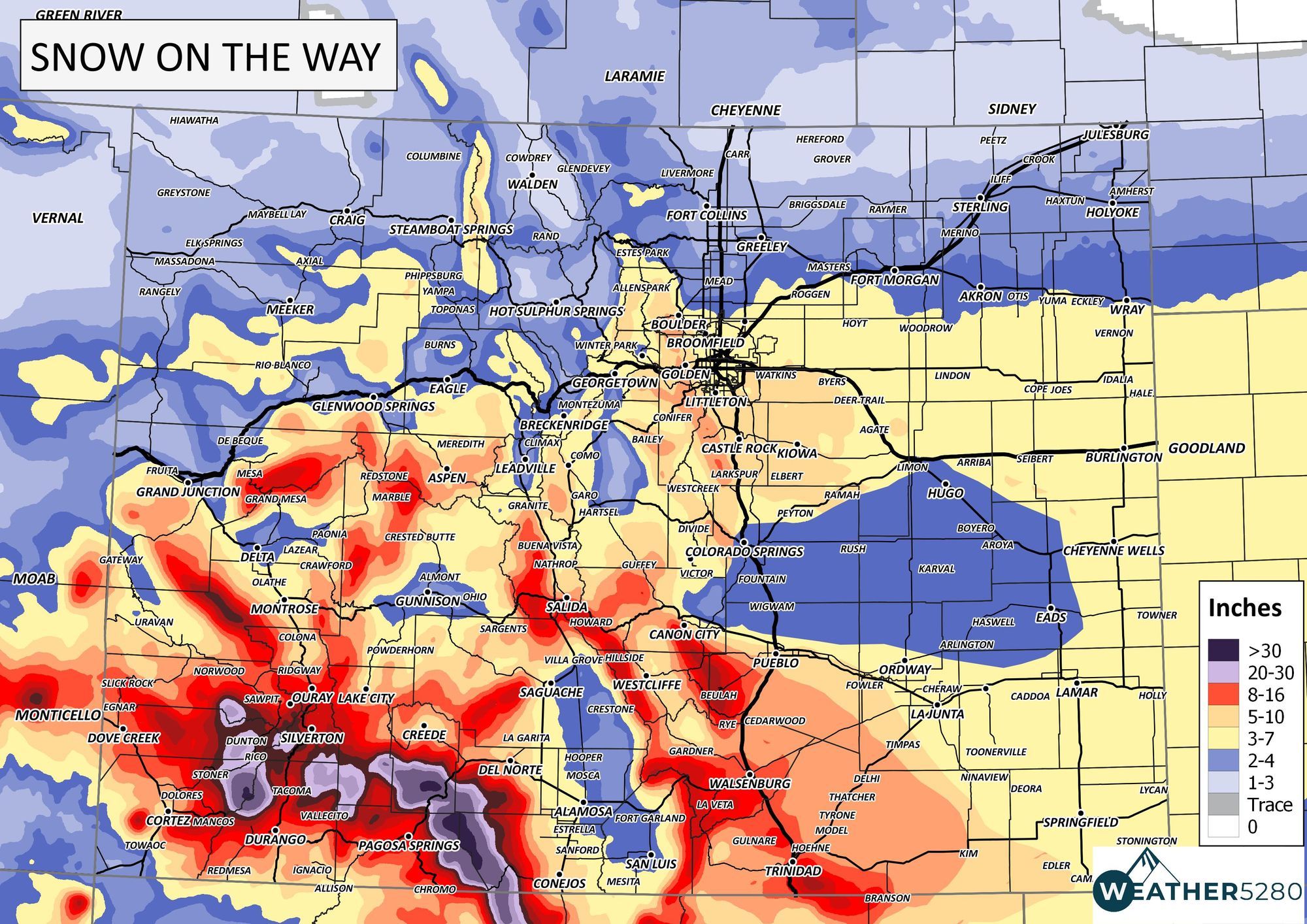 Storm update and running list of snowfall totals across Colorado